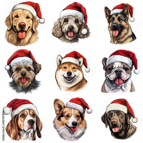 Clipart sticker icons of dogs such as retriever, shiba, bulldog, etc. wearing Santa hats on a transparent background. For Christmas decorations in vibrant colors. © ChairKim
