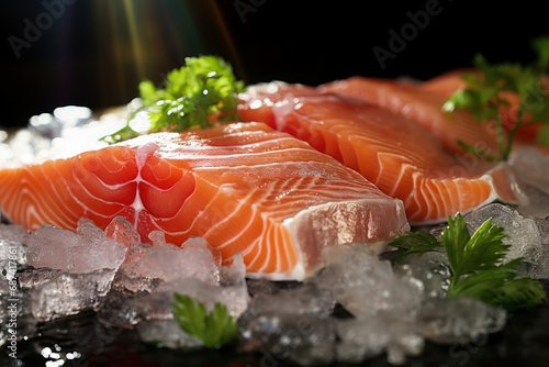 The freshest steak or fillet of fresh Atlantic salmon with herbs. Fresh fish chilled in ice. close-up. Ready to eat.