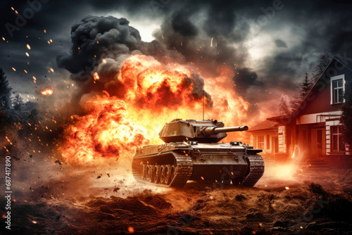 War Concept. Attack on a peaceful city or village. Hostilities. Tank against the background of fire, smoke and explosions. Fire in a destroyed house. Battle in ruined city. © Anoo