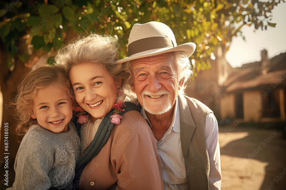 Fototapeta premium Meeting of grandfather and grandchildren. An elderly man and his grandchildren are happy together. They hug and rejoice at meeting each other. Caring for the elderly. Children visit old people.