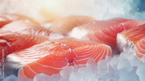 The freshest steak or fillet of fresh Atlantic salmon with herbs. Fresh fish chilled in ice. close-up. Ready to eat. photo