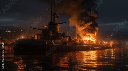 Burning naval vessel in the port. AI