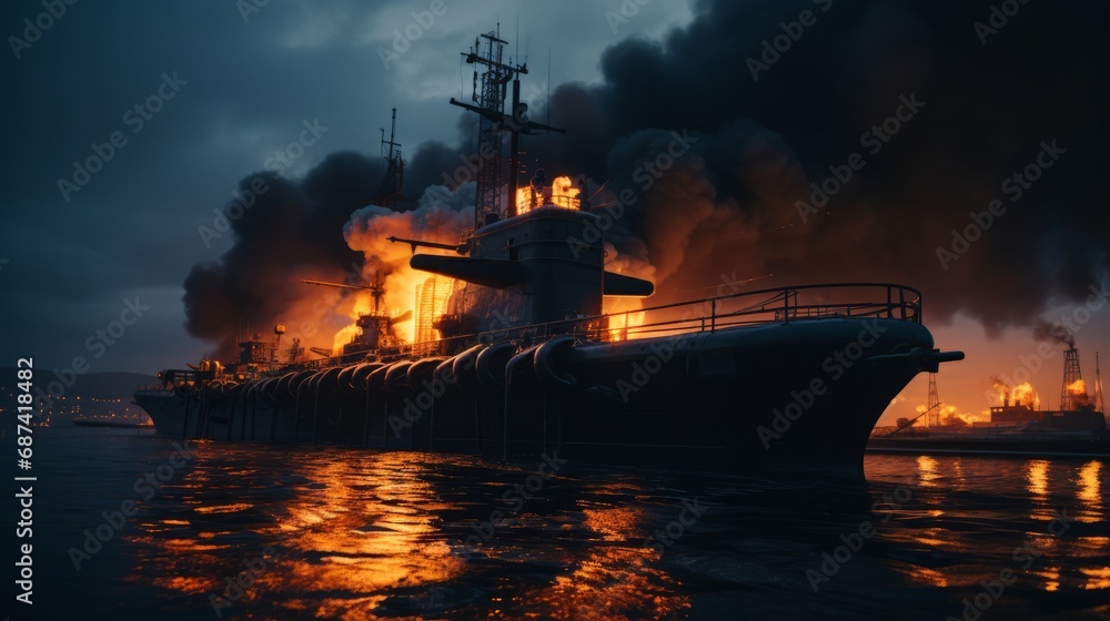 Burning naval vessel in the port. AI Burning naval vessel in the port. AI