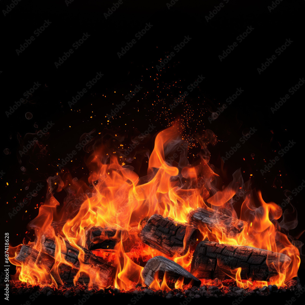 Barbecue Grill Pit With Glowing And Flaming Hot Charcoal Briquettes, Close-Up created with Generative AI technology Barbecue Grill Pit With Glowing And Flaming Hot Charcoal Briquettes, Close-Up created with Generative AI technology