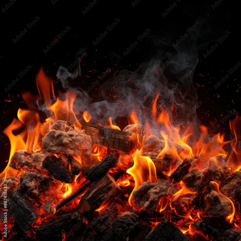 Barbecue Grill Pit With Glowing And Flaming Hot Charcoal Briquettes, Close-Up created with Generative AI technology Barbecue Grill Pit With Glowing And Flaming Hot Charcoal Briquettes, Close-Up created with Generative AI technology