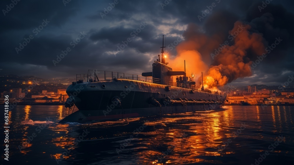 Burning naval vessel in the port. AI Burning naval vessel in the port. AI