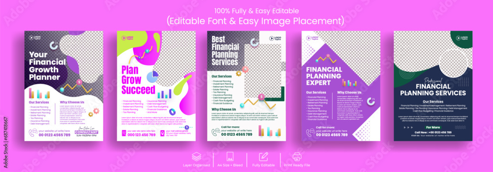 Editable print flyer set for Financial, Accounting and bookkeeping consultant service poster template
bundle, income tax, budget, investment, audit service leaflet design pack