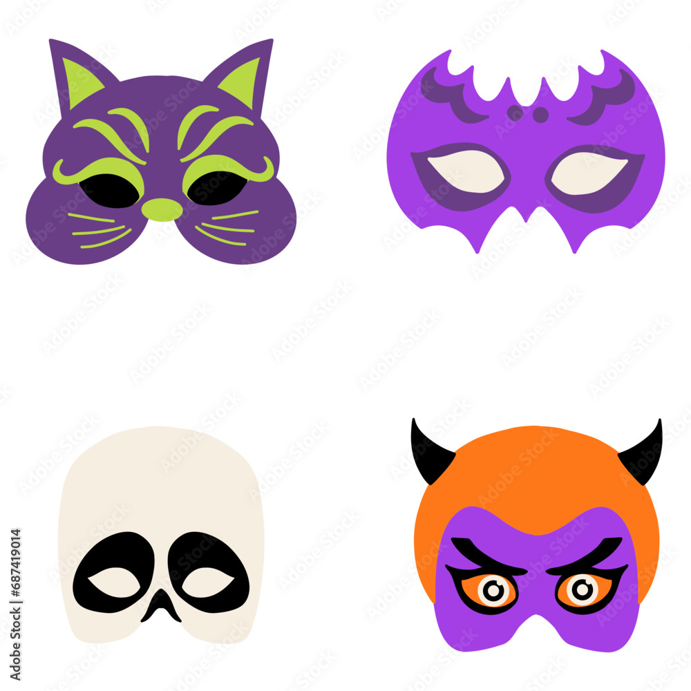 Halloween Mask In Simple Pattern. Isolated On White Background. Vector Icon. 