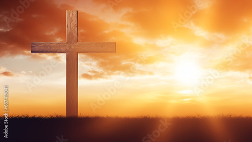 Wooden catholic orthodox wooden cross on a hill on a road sunset second coming background om the sun light. 