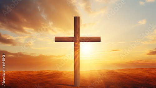 Wooden catholic orthodox wooden cross on a hill on a road sunset second coming background om the sun light. 