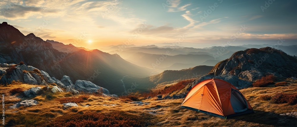 mountainous tourist camp with a tent in the foreground, Generative AI