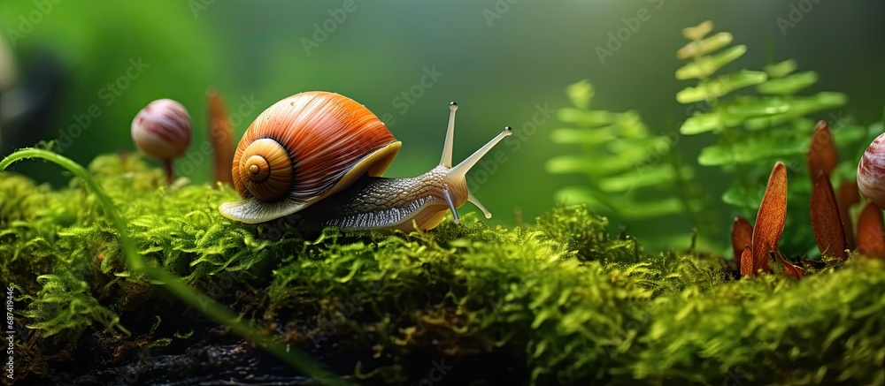 Edible Helicidae snail in natural habitat, surrounded by green moss. Edible Helicidae snail in natural habitat, surrounded by green moss.