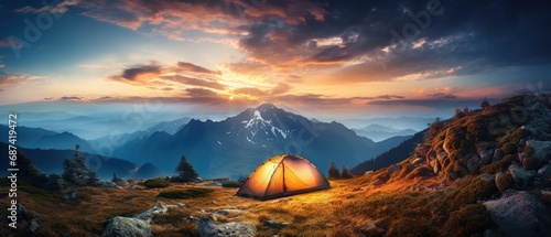 mountainous tourist camp with a tent in the foreground, Generative AI