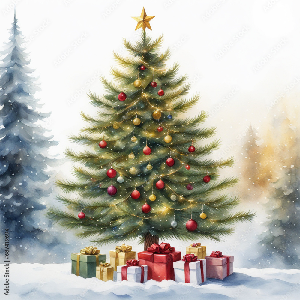 Christmas tree with many gifts in Christmas theme background