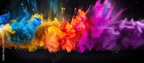 Colorful powder explosion on black backdrop. Abstract background inspired by Holi festival.