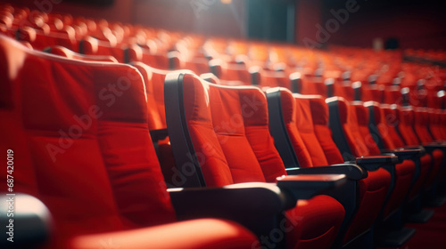 Empty cinema auditorium with rows of red seats. Cinema background. photo