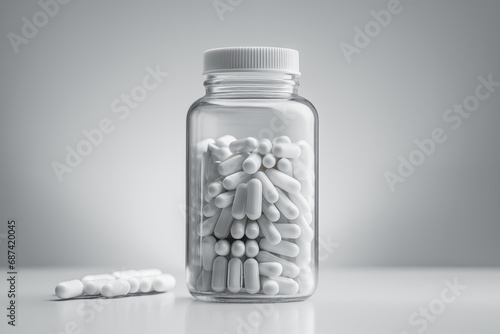 Transparent supplement bottle filled with white capsules against a gray smooth backdrop