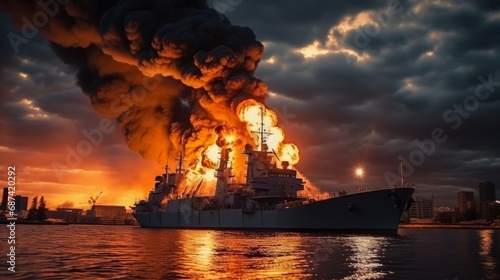 Burning naval vessel in the port. AI