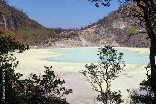 White Crater or Kawah Putih  a volcanic sulfur crater lake in a caldera in Ciwidey  West Java  Indonesia.