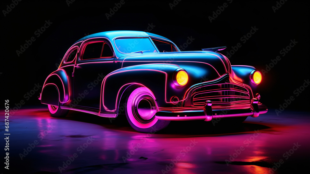 Car that is sitting in the dark with neon light