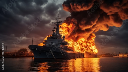 Burning naval vessel in the port. AI