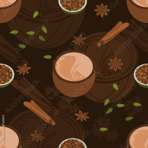 Editable Vector Illustration Seamless Pattern of Indian Masala Chai in Pottery Cup with Assorted Herb Spices With Dark Background for South Asian Beverages Culture and Tradition