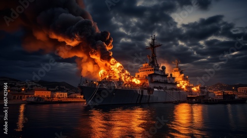 Burning naval vessel in the port. AI © Vitalii But