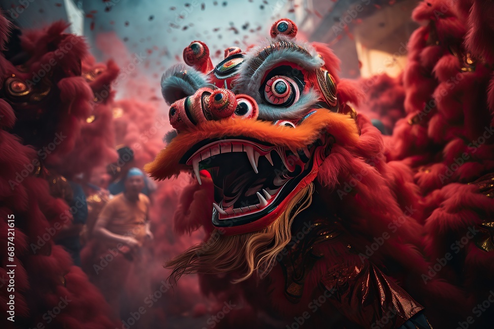 Chinese new year celebration, dragon show festival. Chinese red dragon costume with smoke and some firework. Traditional in Chinese temple - obrazy, fototapety, plakaty 