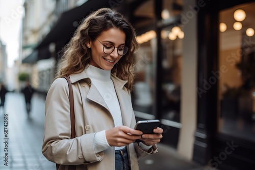 Portrait of talented, successful female employee, entrepreneur waiting for client outdoor, holding mobile phone, messaging client, smiling satisfied, look confident photo
