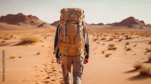 Adventure and explore in a changed planet earth for climate warming concept - man viewed from back walking on a desert dunes with blue sky in background