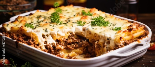 Close-up of Greek pastitsio, a dish made with penne, ground lamb, cheese, tomatoes, and a bechamel sauce, topped with melted cheese in a baking dish.