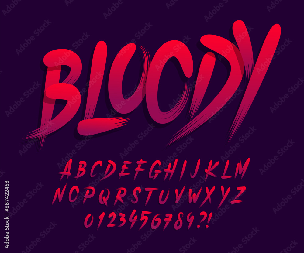 Bloody alphabet font. Uppercase handwritten brush stroke letters and numbers. Stock vector typeface for your design. Bloody alphabet font. Uppercase handwritten brush stroke letters and numbers. Stock vector typeface for your design.