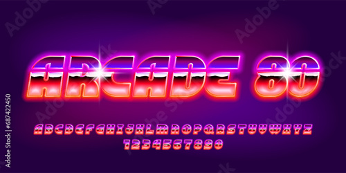 Arcade 80 alphabet typeface. 80s style bright neon letters and numbers. Stock vector typescript for your design.