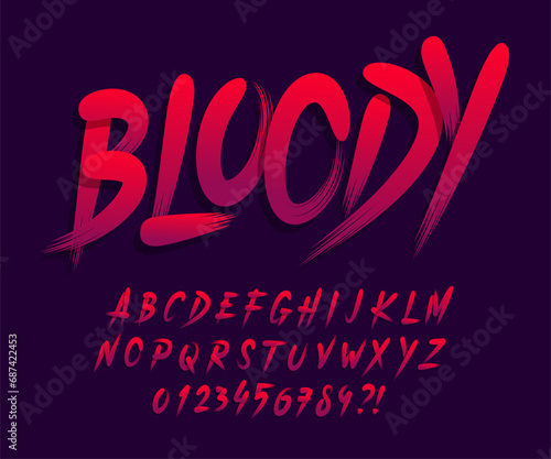 Bloody alphabet font. Uppercase handwritten brush stroke letters and numbers. Stock vector typeface for your design. 