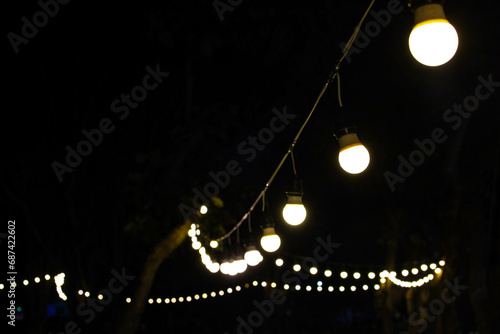 Bright decorative bulbs hanging on wires. Close up of beautiful outdoor round light bulbs lined up at a party or festival at night on dark background with copy space. Selective focus