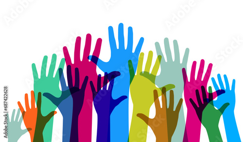 Outstretched, growing hands. The multicultural concept of the community team. Vector illustration.
 photo