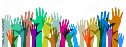 Outstretched, growing hands. The multicultural concept of the community team. Vector illustration. 