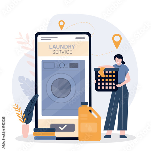 Cute woman holds basket with dirty clothes and searches for laundry service on mobile phone. App with map, location of nearest washing stations or laundromats