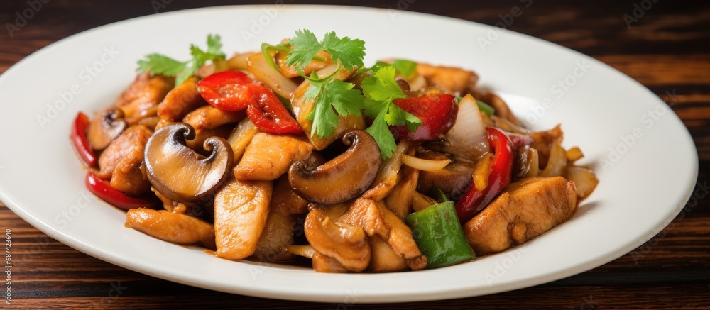 A popular Thai dish with stir-fried chicken, ginger, and mushrooms on a white plate that reflects Thai Chinese cuisine. A popular Thai dish with stir-fried chicken, ginger, and mushrooms on a white plate that reflects Thai Chinese cuisine.