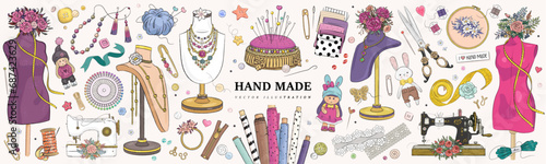 Hand drawn sketch handmade set. Cartoon doll, mannequin, sewing and embroidery elements, jewelry and flowers isolated in background. Vector illustration