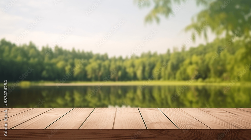 Serene Nature Setting: Empty Wooden Table with Blurry Lake and Pine Forest Background for Product Presentations and Advertisements Serene Nature Setting: Empty Wooden Table with Blurry Lake and Pine Forest Background for Product Presentations and Advertisements