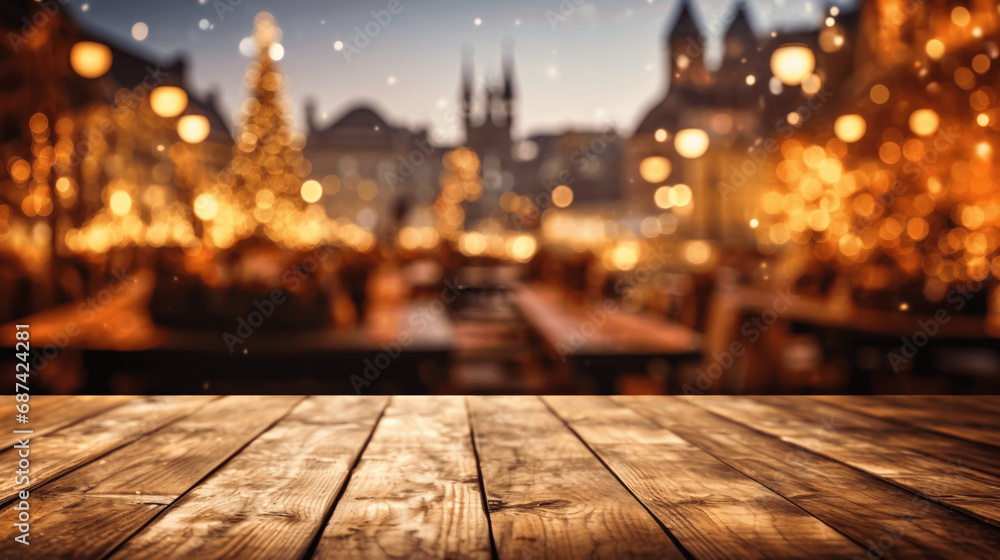 Empty Wooden Table at Christmas Market: Ideal Banner Template for Seasonal Promotions Empty Wooden Table at Christmas Market: Ideal Banner Template for Seasonal Promotions