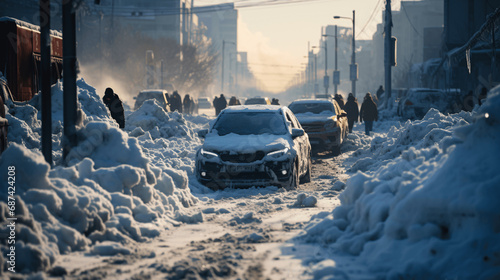 Frozen Urban Scene: Traffic Stuck in Heavy Snow Blanket, City Grinds to a Halt photo