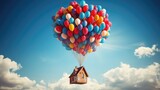 Balloon flying on sky with mini house