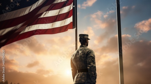 American flag with soldier at sunset