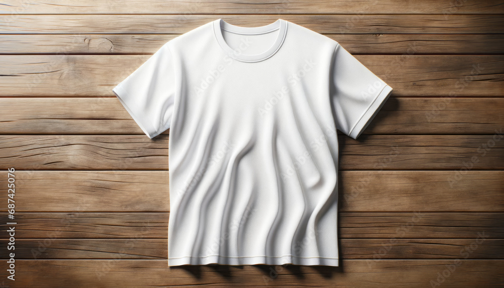 White t-shirt on wooden background, soft light creating natural texture. Generative AI White t-shirt on wooden background, soft light creating natural texture. Generative AI