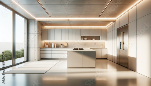 Bright kitchen space with central island and natural light streaming in. Scandinavian style concept. Generative AI