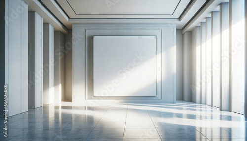 Futuristic gallery corridor with white poster and vertical light beams. Generative AI