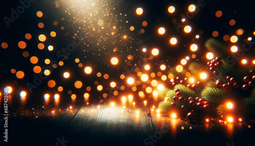 Glowing festive lights and Christmas decorations on a dark backdrop, evoking holiday warmth. Generative AI