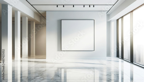 Modern gallery with blank poster and marble floor lit by natural light. Generative AI